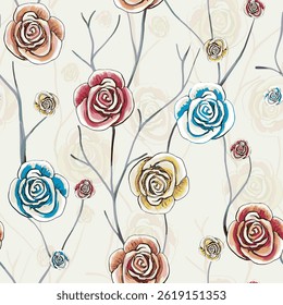 Seamless artistic floral pattern with hand-drawn colorful roses, set against a neutral beige background. Perfect for decorative use, textiles, and design purposes to convey beauty, creativity, 