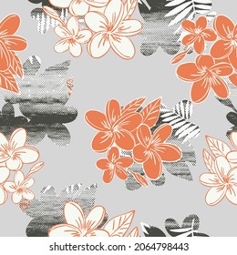 Seamless artistic  pattern with flowers, leaves. Abstract colors floral background. Summer spring trendy  prints. Fabric design, wallpaper on striped textured as background