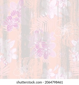 Seamless artistic  pattern with flowers, leaves. Abstract colors floral background. Summer spring trendy  prints. Fabric design, wallpaper on striped textured as background