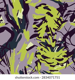 Seamless artistic pattern of lodgepole pine (Pinus contorta var. latifolia) brush strokes in green, purple, and black for textile and print design.