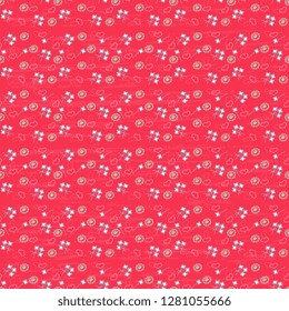 Seamless artistic vector pattern with red hearts and purple flowers on a red background. Illustration with old antique texture. Beautiful tile, wrapping, textile, cards, wallpaper design.
