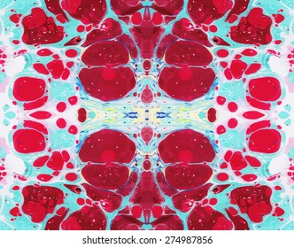 Seamless artwork ebru texture, exotic abstract background. Seamless marble pattern. Red and blue seamless marbled pattern. Marbled paper.  Vector marble illustration.