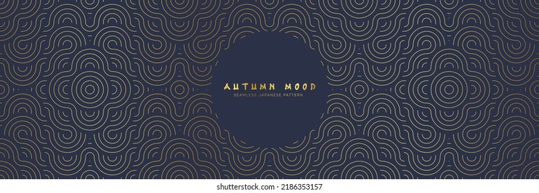 Seamless asian background pattern. Autumn oriental premium design. Blue and golden abstract geometric wavy lines and curvy waves. Traditional japanese vintage ornament.