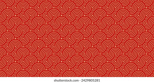Seamless Asian Background Pattern. Red and Gold Abstract Geometric Wavy Lines. Traditional Japanese Vintage Ornament. Vector Illustration.
