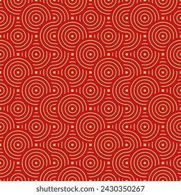 Seamless Asian Background Pattern. Red and Gold Abstract Geometric Wavy Lines. Traditional Japanese Vintage Ornament. Vector Illustration.