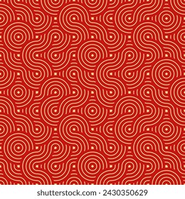 Seamless Asian Background Pattern. Red and Gold Abstract Geometric Wavy Lines. Traditional Japanese Vintage Ornament. Vector Illustration.