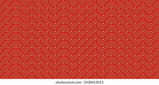 Patrón de fondo asiático sin costuras. Líneas onduladas geométricas abstractas rojas y doradas. Adorno vintage tradicional japonés. Ilustración vectorial.