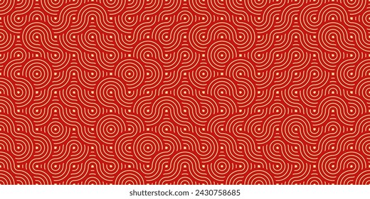 Seamless Asian Background Pattern. Red and Gold Abstract Geometric Wavy Lines. Traditional Japanese Vintage Ornament. Vector Illustration.