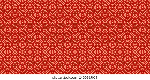 Seamless Asian Background Pattern. Red and Gold Abstract Geometric Wavy Lines. Traditional Japanese Vintage Ornament. Vector Illustration.