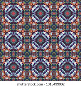 Seamless asian ethnic abstract retro doodle background pattern. Vector bright ornament of mandalas in brown, gray and blue colors.