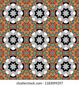 Seamless asian ethnic abstract retro doodle background pattern. Vector bright ornament of mandalas in gray, orange and blue colors.