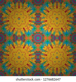 Seamless asian ethnic abstract retro doodle background pattern. Vector bright ornament of mandalas in green, yellow and orange colors.