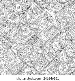 Seamless asian ethnic floral retro doodle black and white background pattern in vector. Henna paisley mehndi doodles design tribal black and white pattern. Used clipping mask for easy editing.