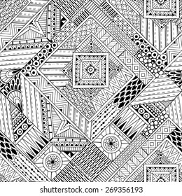 Seamless asian ethnic floral retro doodle black and white background pattern in vector. Henna paisley mehndi doodles design tribal black and white pattern. 