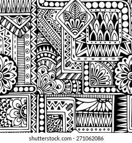 Seamless asian ethnic floral retro doodle black and white background pattern in vector. Henna paisley mehndi doodles design tribal black and white pattern.