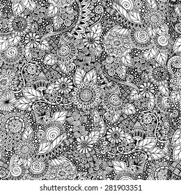 Seamless asian ethnic floral retro doodle black and white background pattern in vector. Henna paisley mehndi doodles design tribal pattern. Used clipping mask for easy editing.