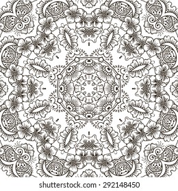 Seamless asian ethnic floral retro doodle black and white background pattern in vector. Henna paisley mehndi doodles design tribal pattern. Used clipping mask for easy editing.