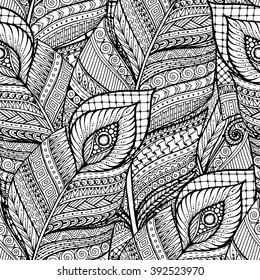 Seamless asian ethnic floral retro doodle black and white background pattern in vector with feathers. Henna paisley mehndi doodles design tribal pattern. 