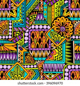 Seamless asian ethnic floral retro doodle background pattern in vector. Henna paisley mehndi doodles design tribal pattern.