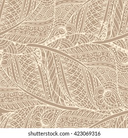 Seamless asian ethnic floral retro doodle monochrome background pattern in vector with feathers. Henna paisley mehndi doodles design tribal pattern. 