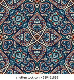 Seamless asian ethnic floral retro doodle background pattern in vector. Islam, Arabic, Indian, ottoman motifs design tribal pattern. Zentangle circles for printing on fabric or paper.