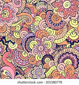 Seamless asian floral retro background pattern in vector. Henna paisley mehndi doodles design ethnic pattern. Used clipping mask for easy editing. Colored version.