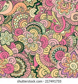 Seamless asian floral retro background pattern in vector. Henna paisley mehndi doodles design ethnic pattern. Used clipping mask for easy editing. Colored version.