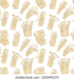 Patrón de hongos asiáticos sin foco. Colorida ilustración enoki. Comida china vintage. Hongo natural de Gourmet