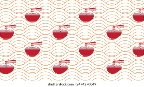 Seamless Asian Noodle Bowl Pattern - This vector illustration features red bowls of noodles with chopsticks on a yellow noodles wave background. Perfect for fabric prints, wallpapers, packaging