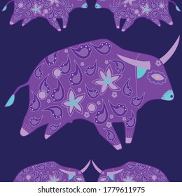 Seamless asian pattern with bull. Chinese new year. For traditional textile, fabric. Vector ornament