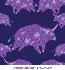 Seamless asian pattern with bull. Chinese new year. For traditional textile, fabric. Vector ornament