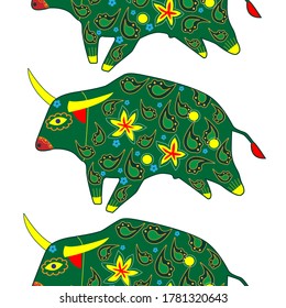 Seamless asian pattern with bull. Chinese new year. For traditional textile, fabric. Vector ornament