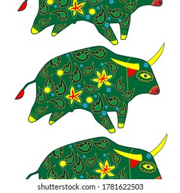 Seamless asian pattern with bull. Chinese new year. For traditional textile, fabric. Vector ornament