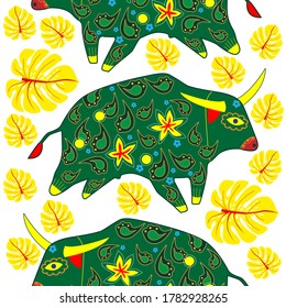 Seamless asian pattern with bull. Chinese new year. For traditional textile, fabric. Vector ornament