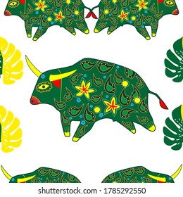 Seamless asian pattern with bull. Chinese new year. For traditional textile, fabric. Vector ornament