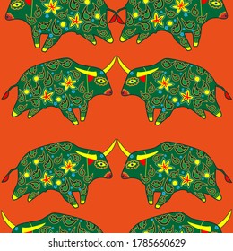 Seamless asian pattern with bull. Chinese new year. For traditional textile, fabric. Vector ornament
