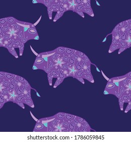 Seamless asian pattern with bull. Chinese new year. For traditional textile, fabric. Vector ornament