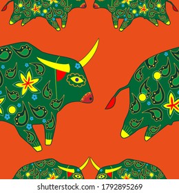 Seamless asian pattern with bull. Chinese new year. For traditional textile, fabric. Vector ornament