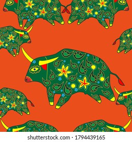 Seamless asian pattern with bull. Chinese new year. For traditional textile, fabric. Vector ornament
