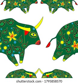Seamless asian pattern with bull. Chinese new year. For traditional textile, fabric. Vector ornament