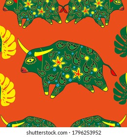 Seamless asian pattern with bull. Chinese new year. For traditional textile, fabric. Vector ornament