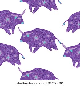 Seamless asian pattern with bull. Chinese new year. For traditional textile, fabric. Vector ornament