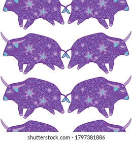 Seamless asian pattern with bull. Chinese new year. For traditional textile, fabric. Vector ornament