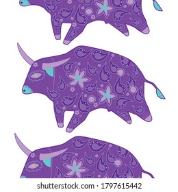 Seamless asian pattern with bull. Chinese new year. For traditional textile, fabric. Vector ornament