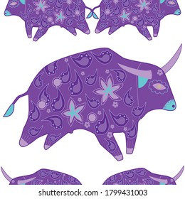 Seamless asian pattern with bull. Chinese new year. For traditional textile, fabric. Vector ornament