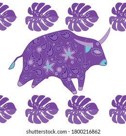 Seamless asian pattern with bull. Chinese new year. For traditional textile, fabric. Vector ornament