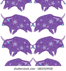 Seamless asian pattern with bull. Chinese new year. For traditional textile, fabric. Vector ornament
