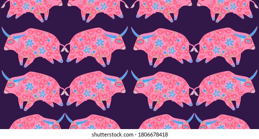 Seamless asian pattern with bull. Chinese new year. For traditional textile, fabric. Vector ornament