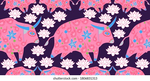 Seamless asian pattern with bull. Chinese new year. For traditional textile, fabric. Vector ornament