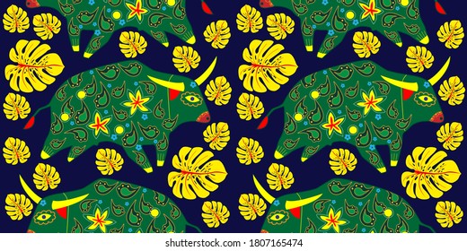 Patrón asiático sin foco con toro. Año nuevo chino. Para textiles tradicionales, tela. Ornamento vectorial